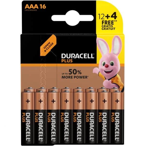 Lot de 12 + 4 piles Alcalines type LR03 (AAA) - Duracell Plus Power