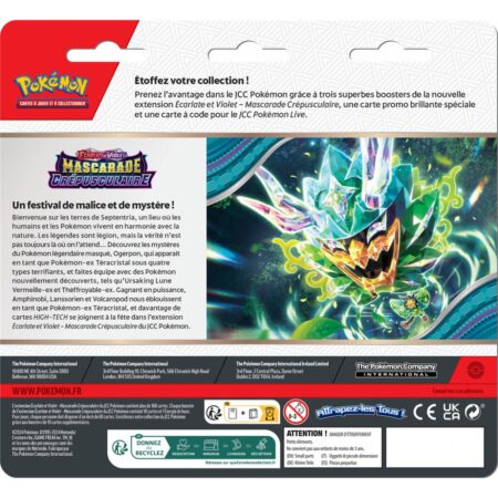 Tripack de 3 Boosters Pokémon Mascarade Crépusculaire Ecarlate et Violet EV06 + Vrombotor promotionnel - VF (Français)