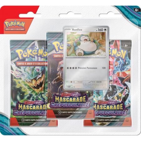 Tripack de 3 Boosters Pokémon Mascarade Crépusculaire Ecarlate et Violet EV06 + Ronflex promotionnel - VF (Français)