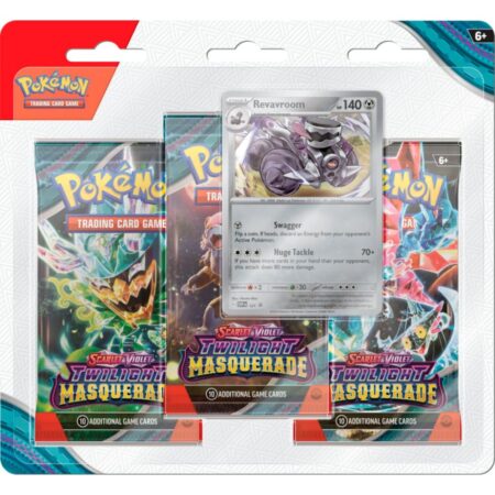 Tripack de 3 Boosters Pokémon Mascarade Crépusculaire Ecarlate et Violet EV06 + Revavroom promotionnel - VO (Anglais)